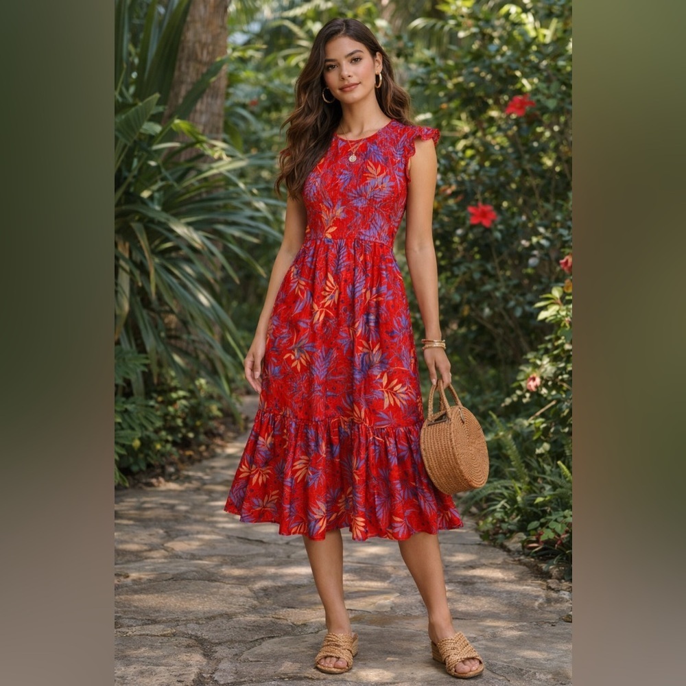 Lost + Wander Still On Vacay Smocked Tropical Midi Dress NWT XS Ruffle